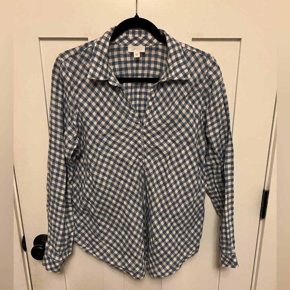 J. Jill Love Linen Blue Checker Gingham Popover Tunic Blouse V-Neck Size Medium - Picture 4 of 7